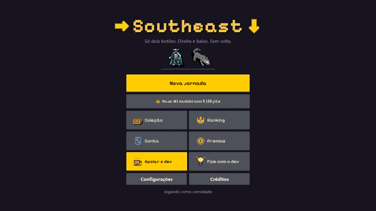 Tela inicial do Southeast com o título, personagens pixel art e opções para iniciar uma jornada, acessar coleção e ranking